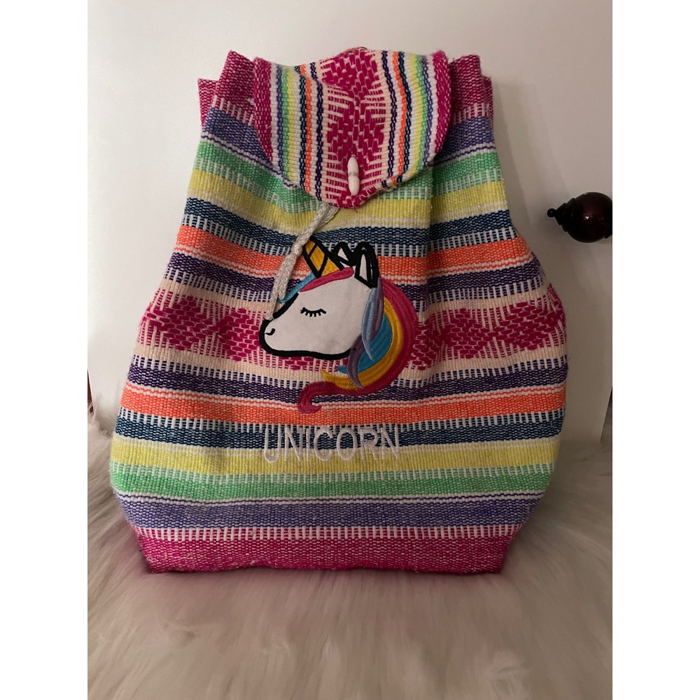 Colorful Boho Style Woven Drawstring Backpack Embroidered Unicorn Design Used